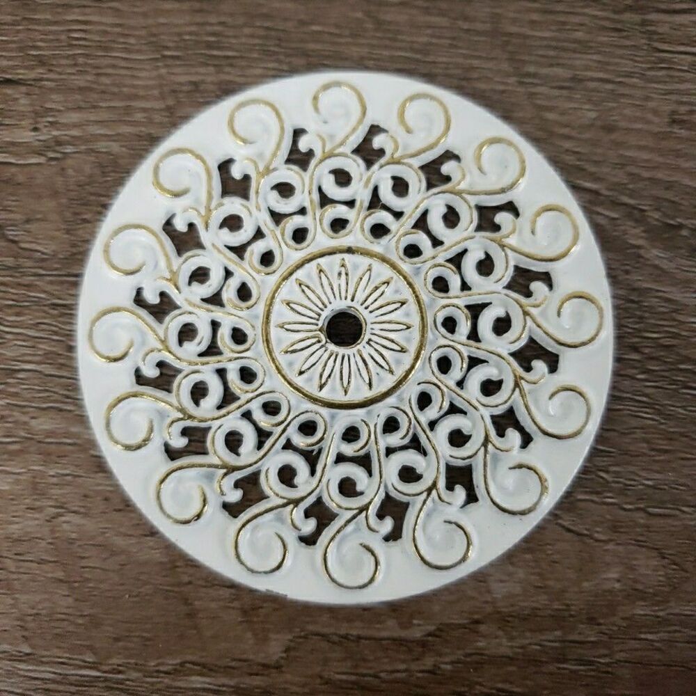 VTG National Lock Brass White Drawer Cabinet Knob Backplate Scroll Sun Flower